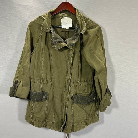 Anthropologie Hei Hei Anorak Lace Utility Jacket Army Green Medium  Zip Snap - Picture 1 of 14